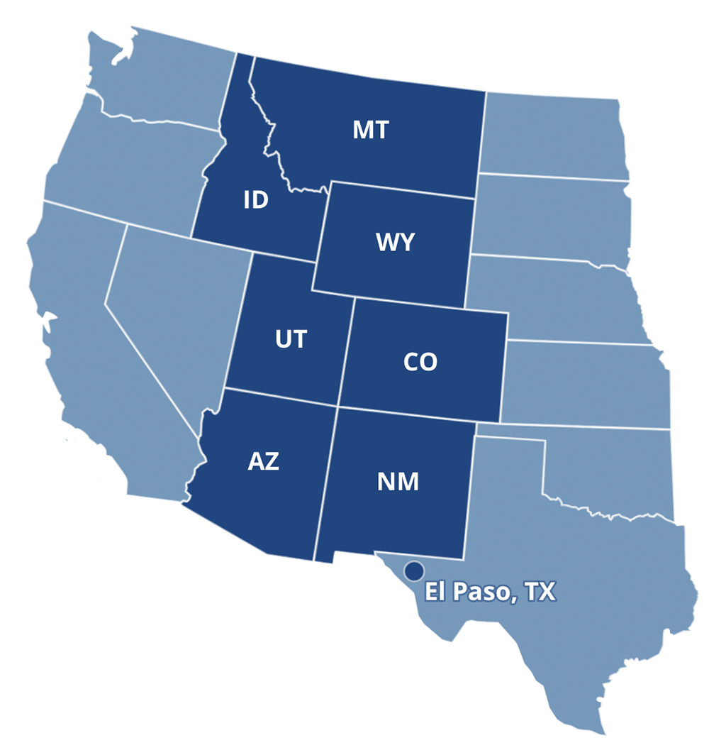 US Map showing Idaho, Montana, Wyoming, Utah, Colorado, Arizona, New Mexico, and El Paso, Texas.